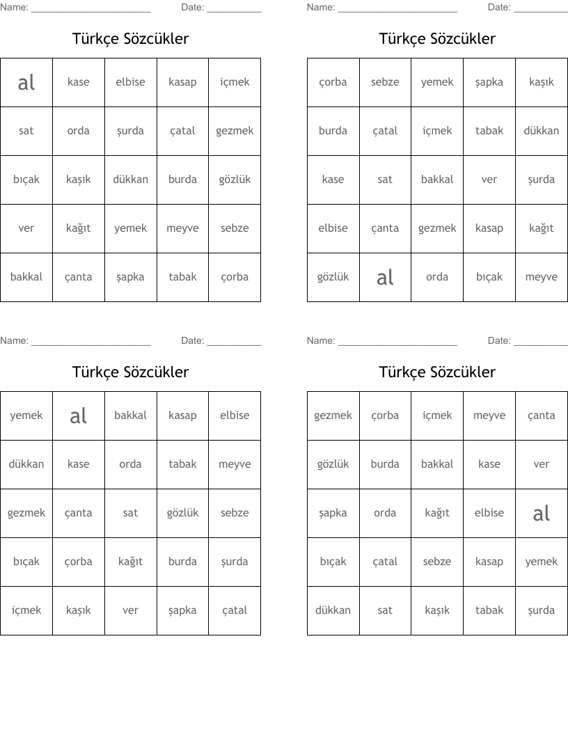 Türkçe Sözcükler Bingo Cards