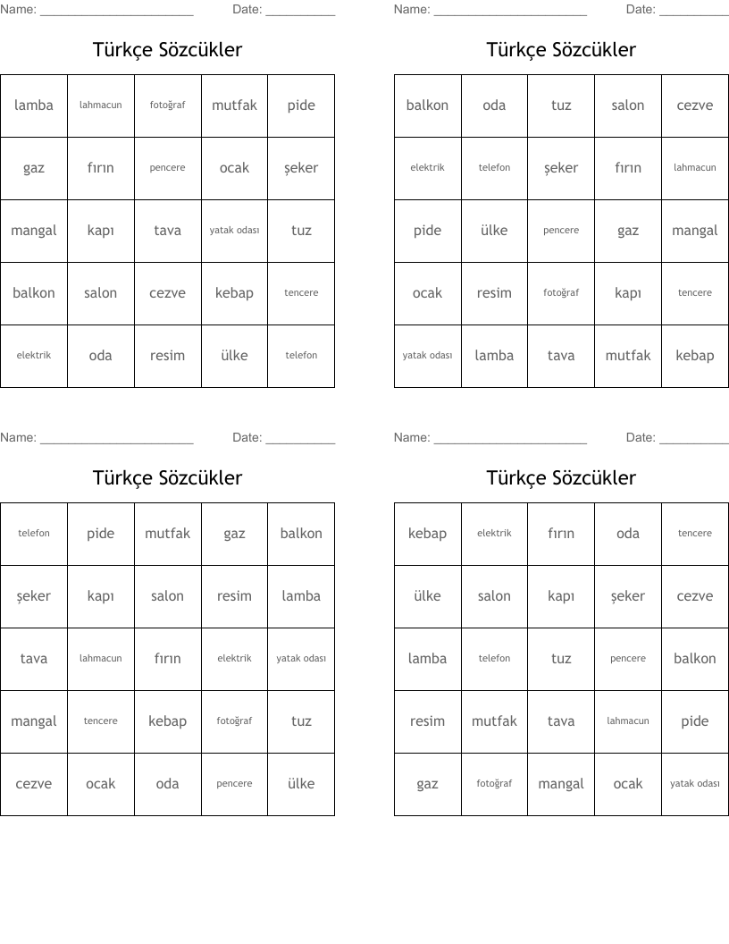 Türkçe Sözcükler Bingo Cards