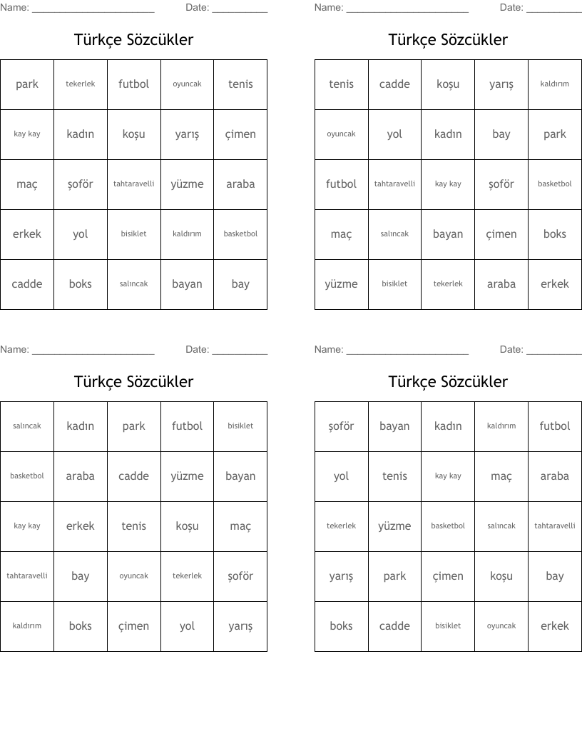 Türkçe Sözcükler Bingo Cards