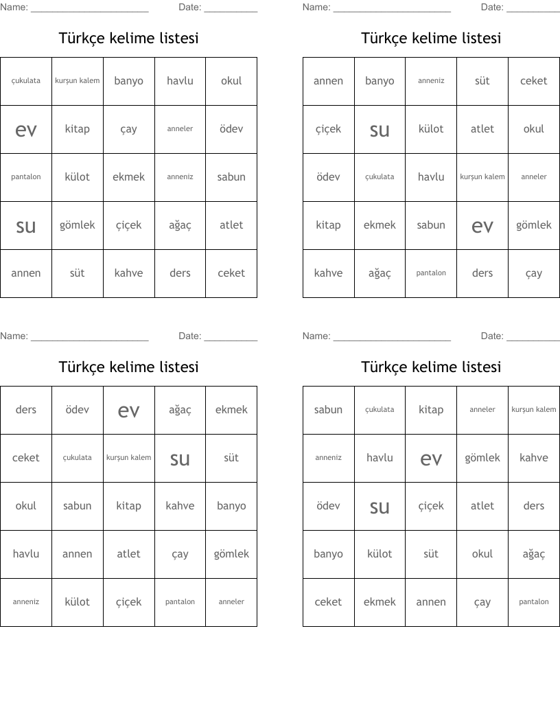 Türkçe kelime listesi  Bingo Cards