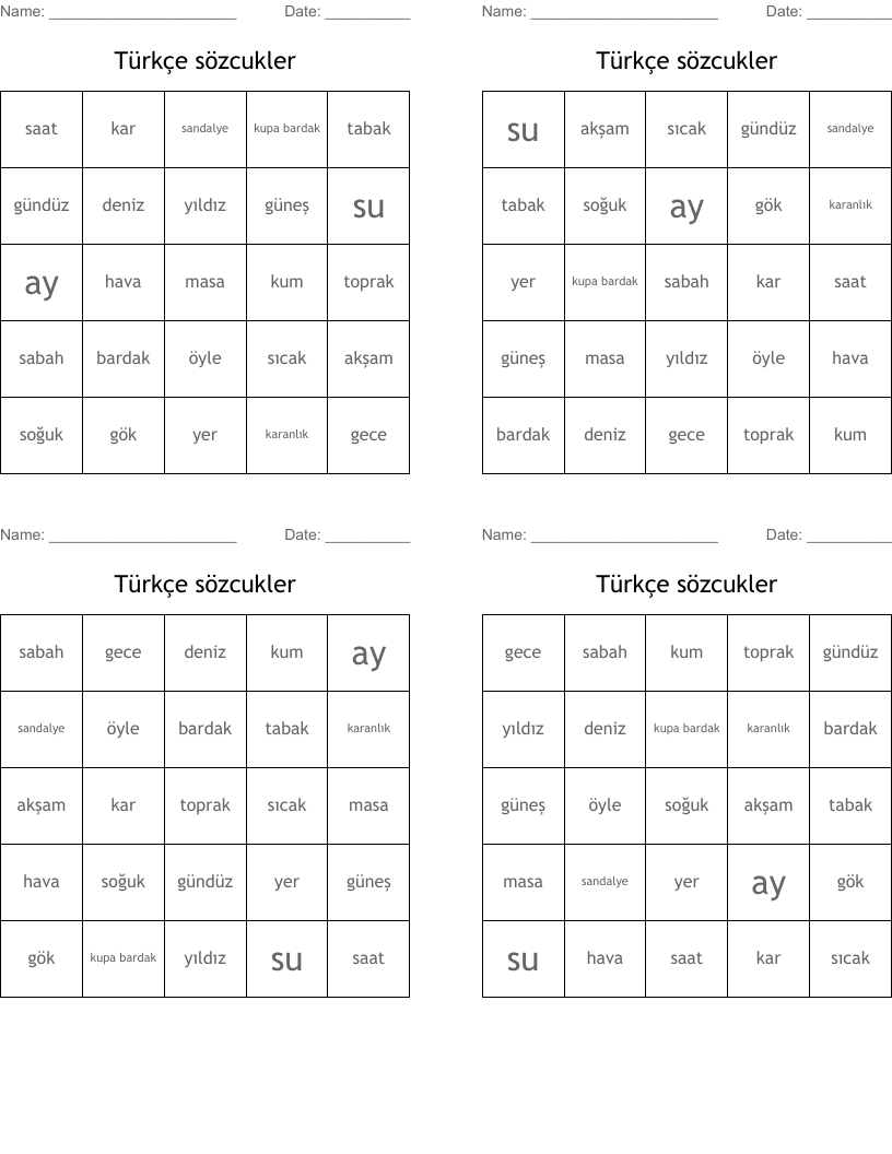 Türkçe sözcukler Bingo Cards