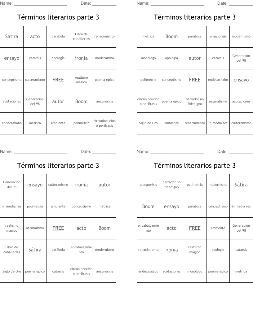 Términos literarios parte 3 Bingo Cards