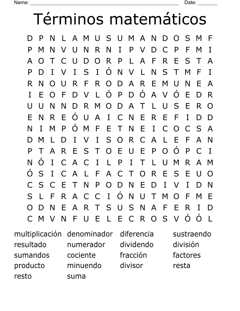 Términos matemáticos Word Search