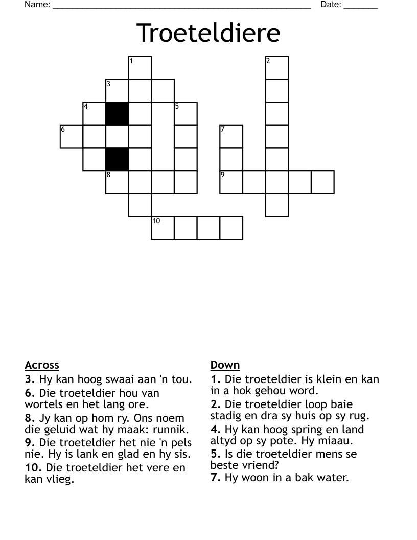 Troeteldiere Crossword