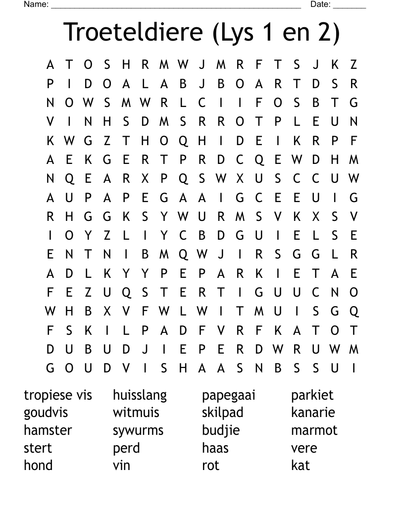 Troeteldiere (Lys 1 en 2) Word Search