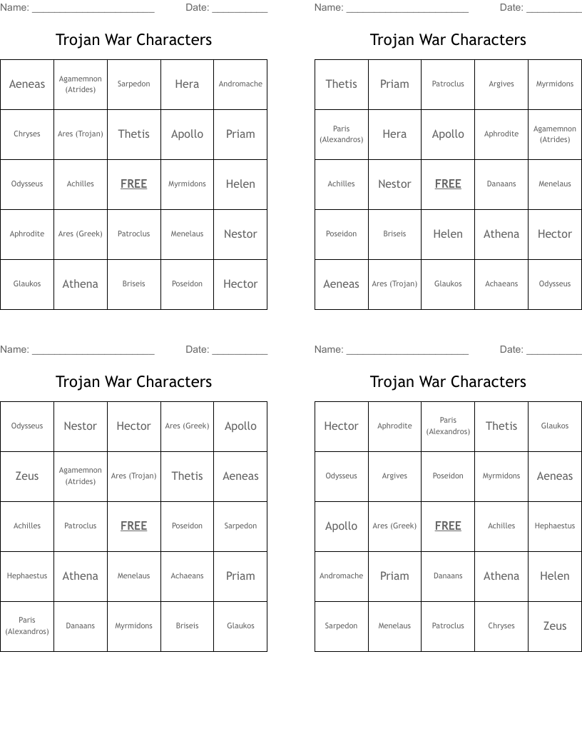 Trojan War Characters Bingo Cards