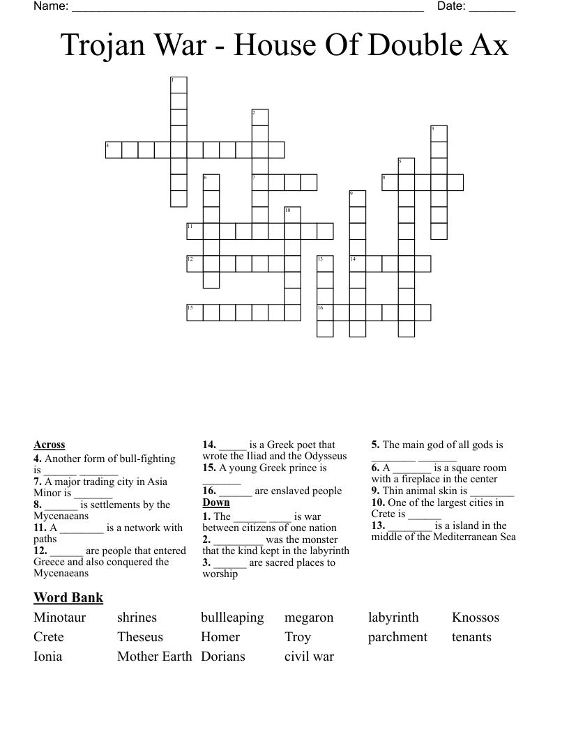 Trojan War - House Of Double Ax Crossword