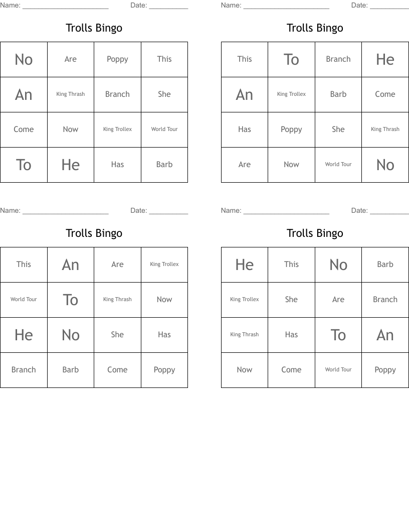 Trolls Bingo