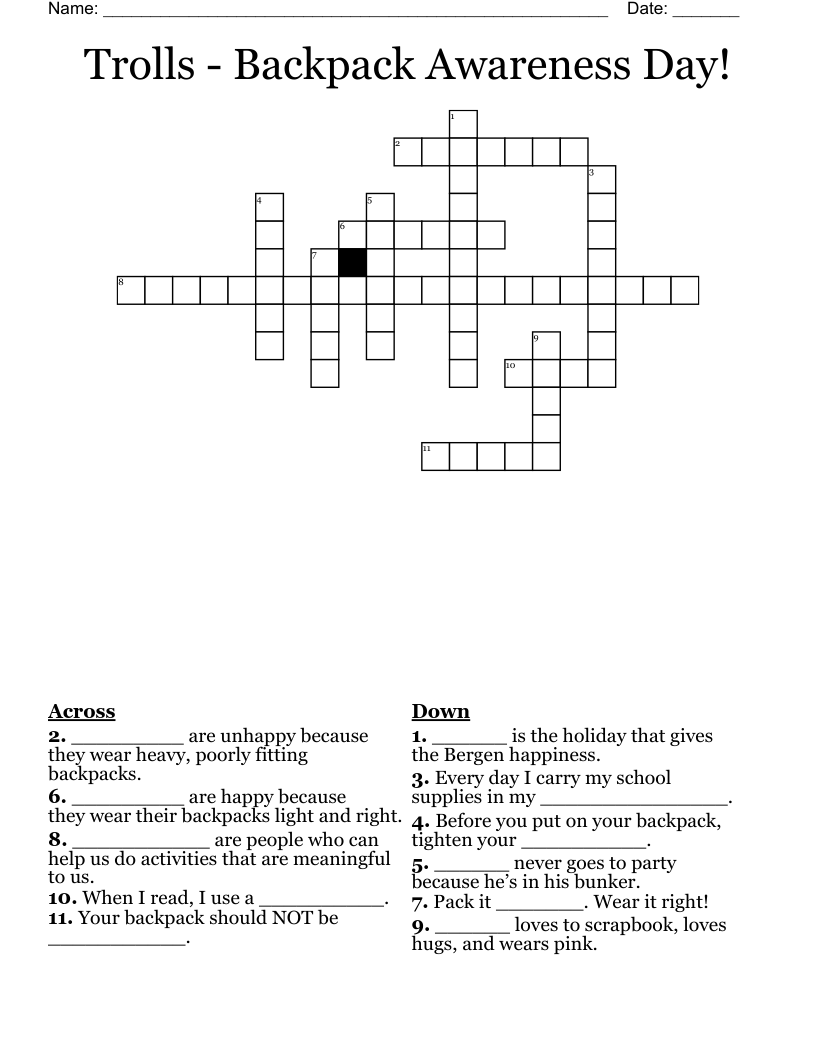 Trolls - Backpack Awareness Day! Crossword