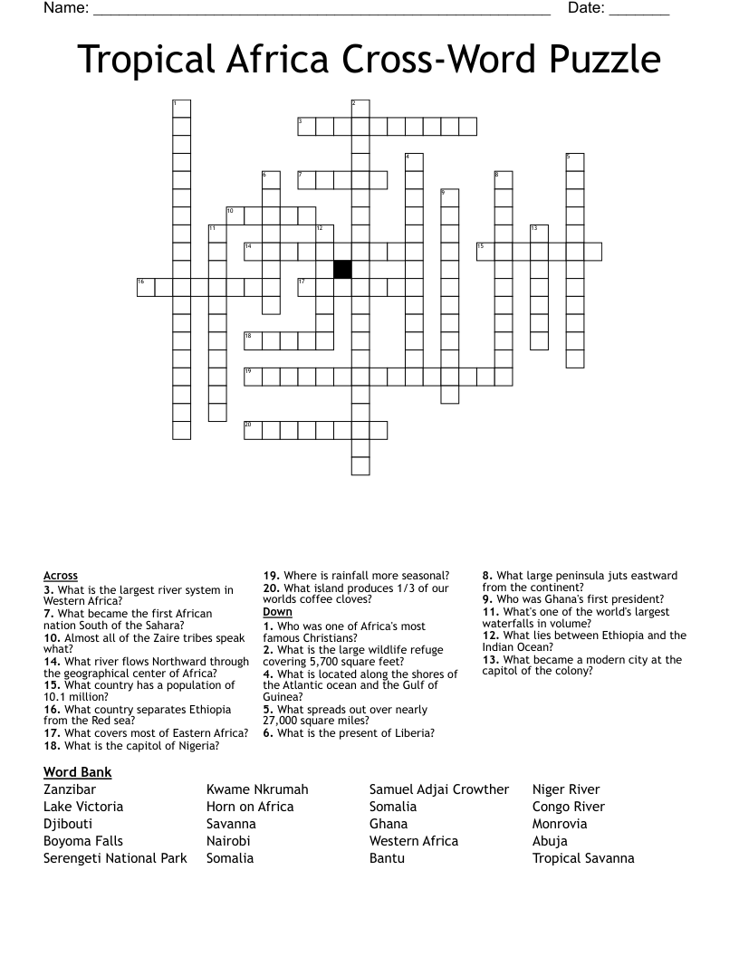 Tropical Africa Cross-Word Puzzle Crossword