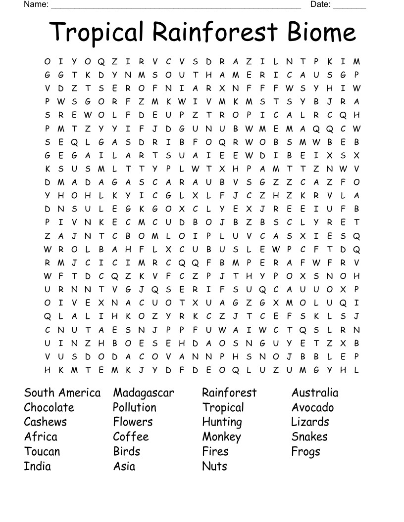Tropical Rainforest Biome Word Search