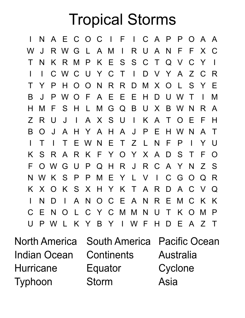 Tropical Storms  Word Search