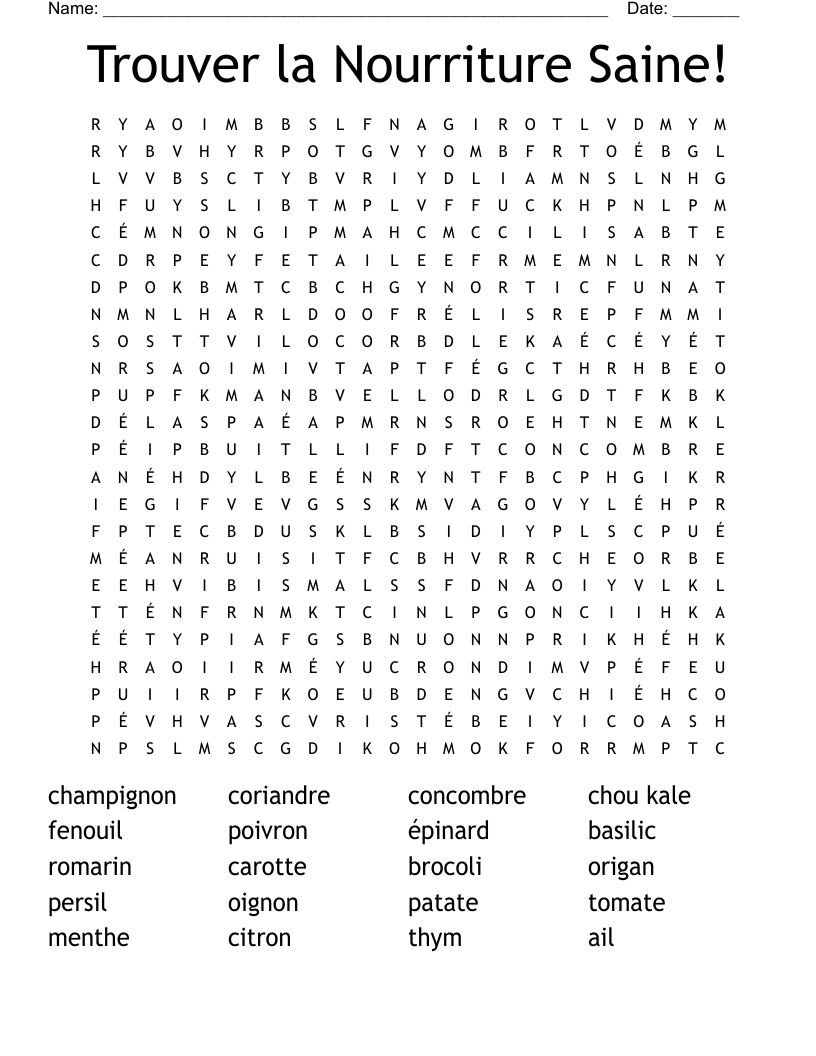 Trouver la Nourriture Saine! Word Search