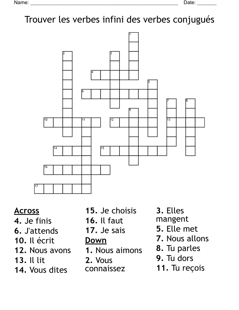 Trouver les verbes infini des verbes conjugués Crossword