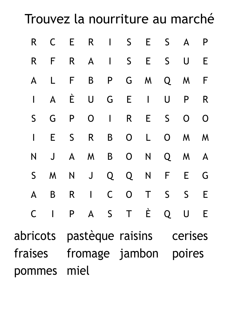 Trouvez la nourriture au marché Word Search