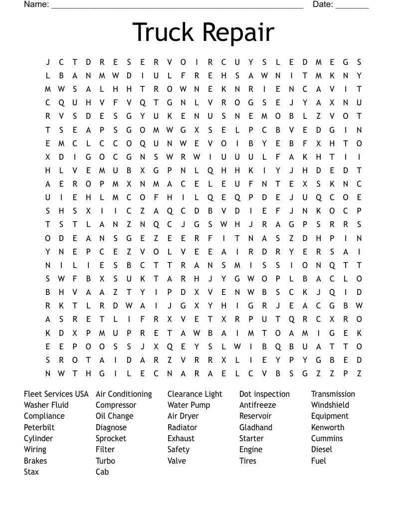 Truck Repair Word Search