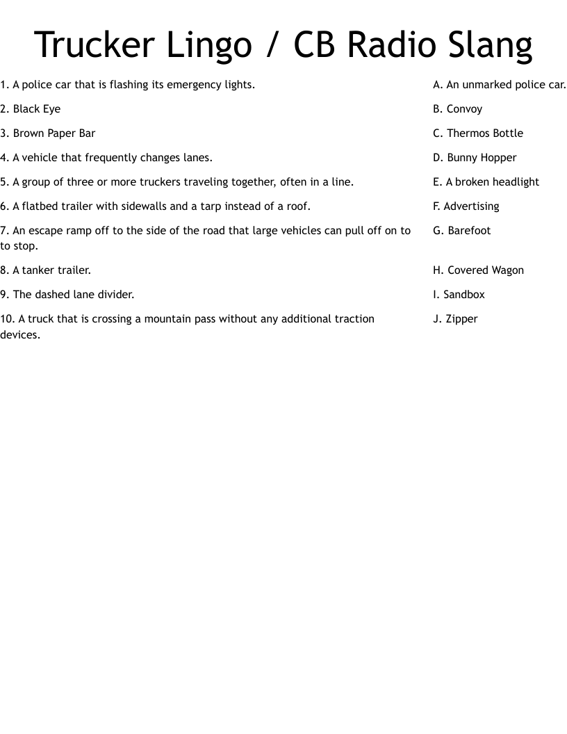 Trucker Lingo / CB Radio Slang  Worksheet