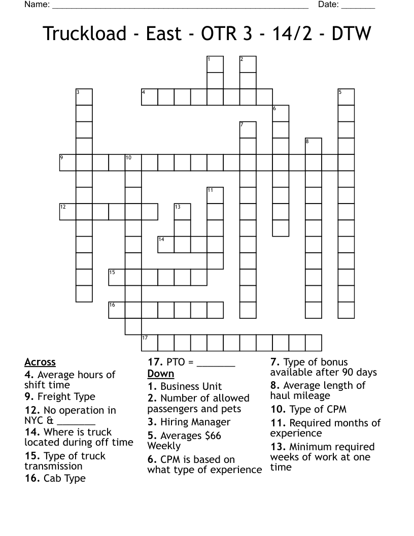 Truckload - East - OTR 3 - 14/2 - DTW Crossword