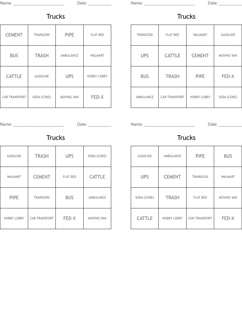 Trucks Bingo Cards