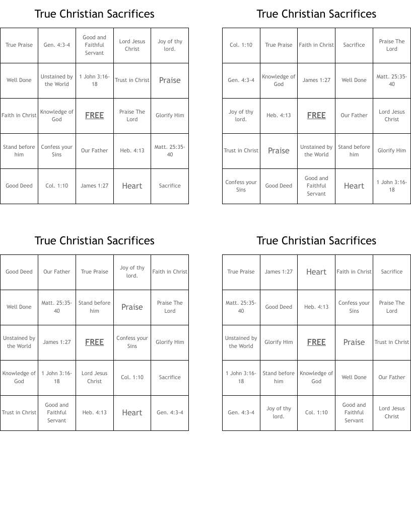 True Christian Sacrifices Bingo Cards