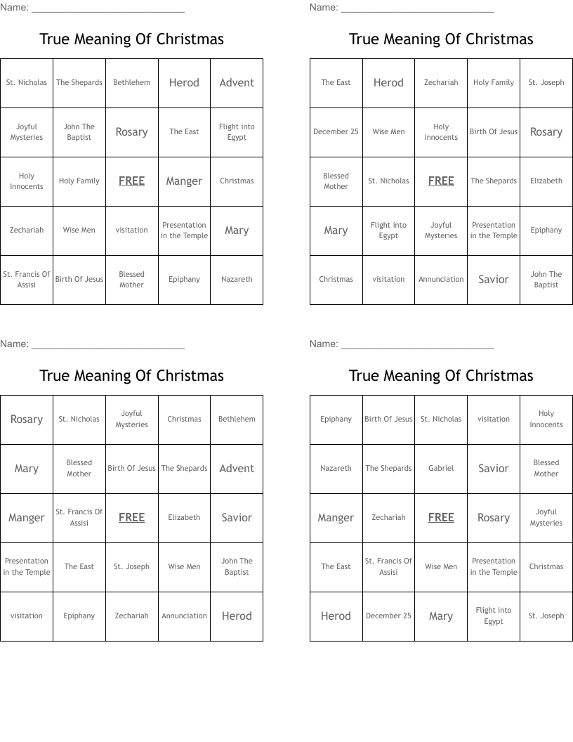 True Meaning Of Christmas Bingo Cards