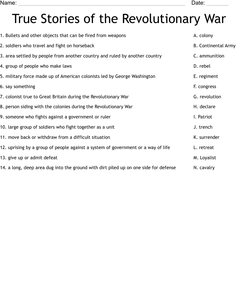 True Stories of the Revolutionary War Worksheet