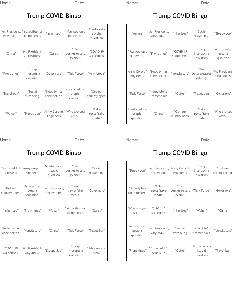 Trump COVID Bingo