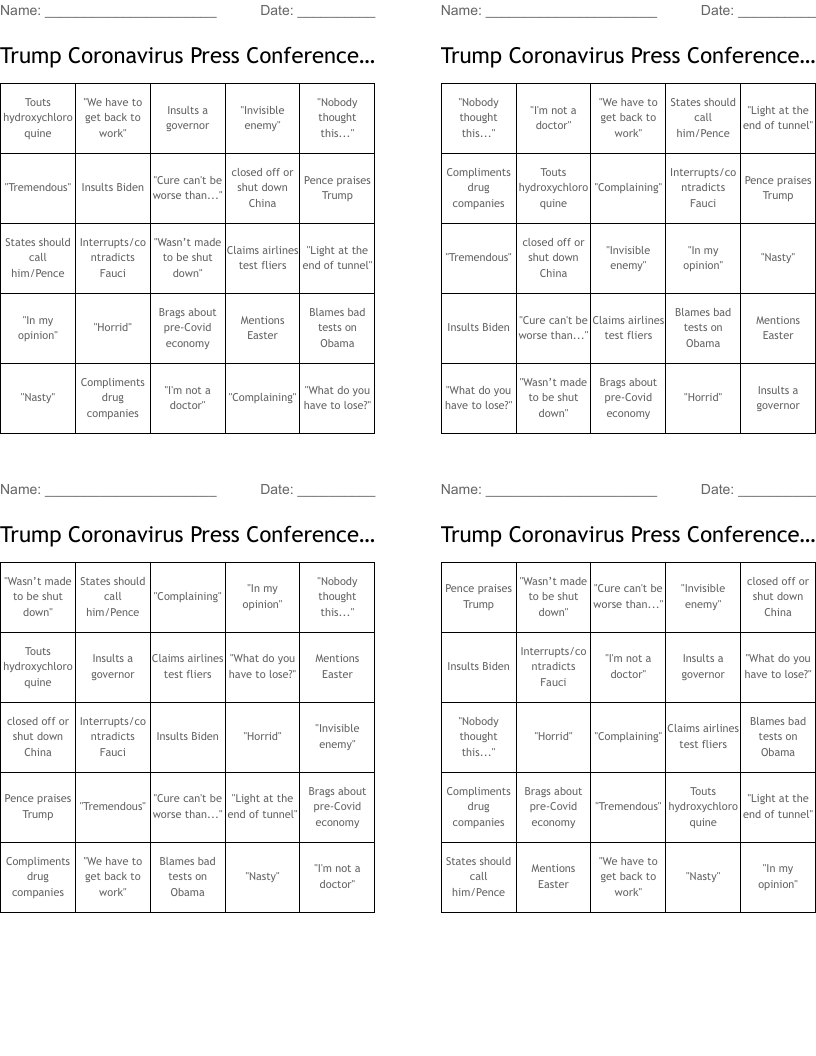Trump Coronavirus Press Conference Bingo