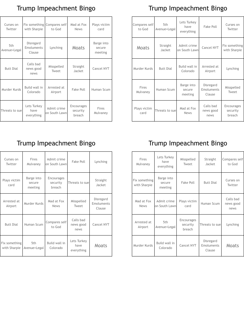 Trump Impeachment Bingo