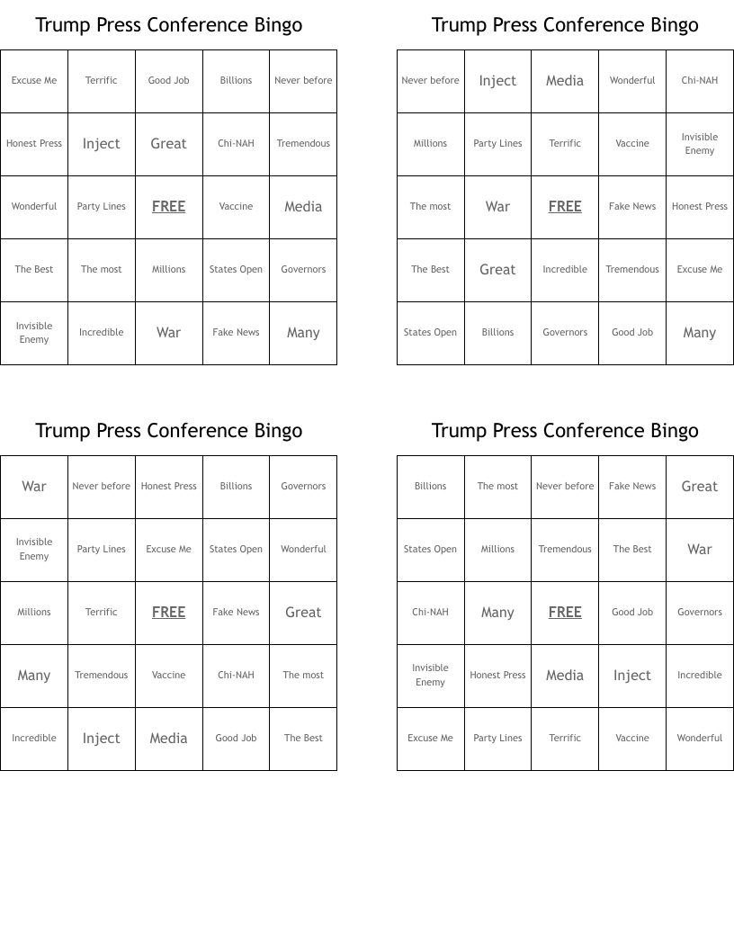Trump Press Conference Bingo