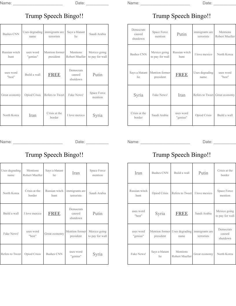 Trump Speech Bingo!!