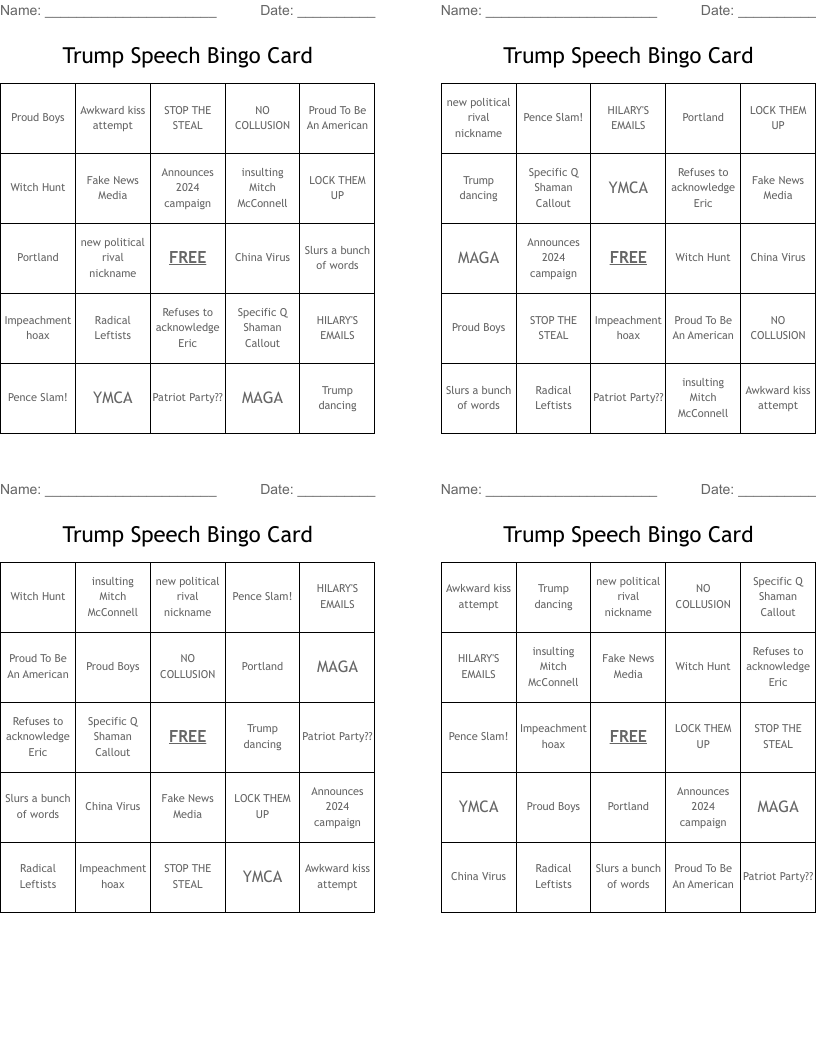 Trump Speech Bingo Card