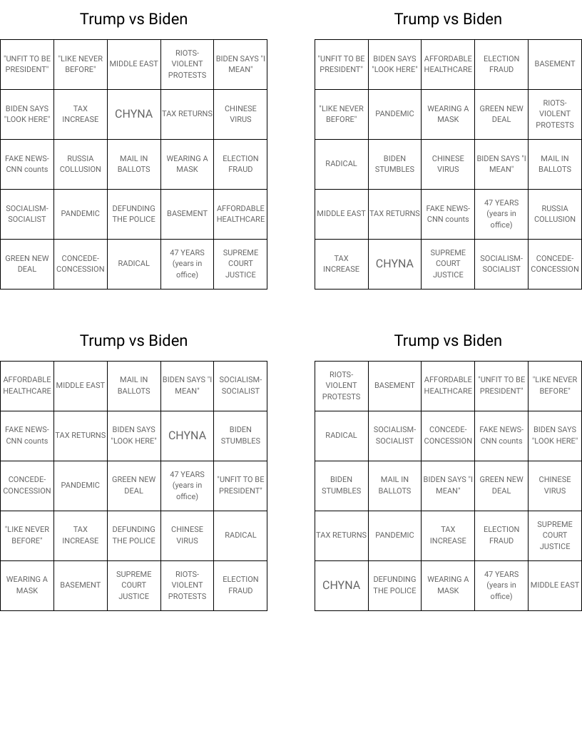Trump vs Biden Bingo Cards