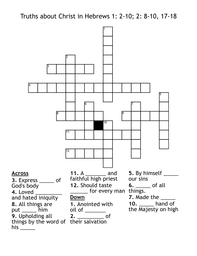 Truths about Christ in Hebrews 1: 2-10; 2: 8-10, 17-18 Crossword