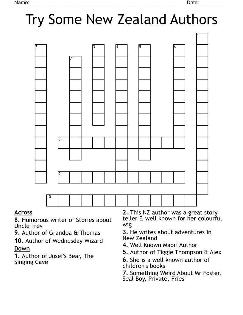 Try Some New Zealand Authors Crossword