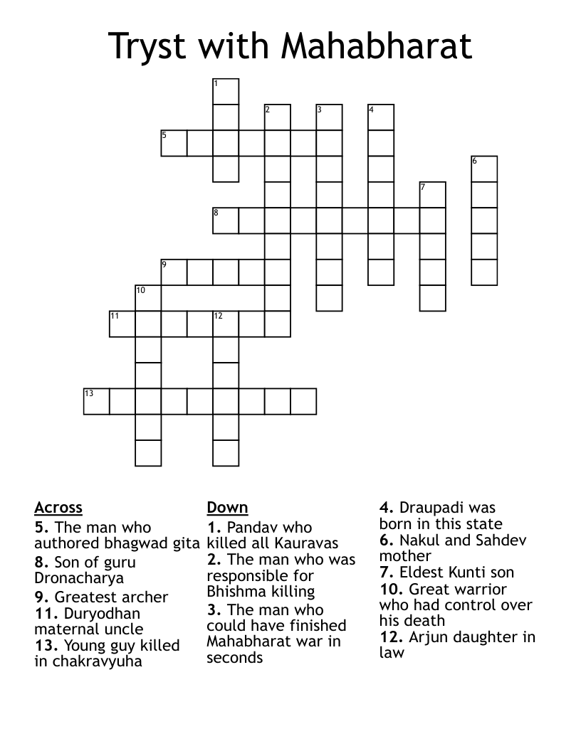 Tryst with Mahabharat Crossword