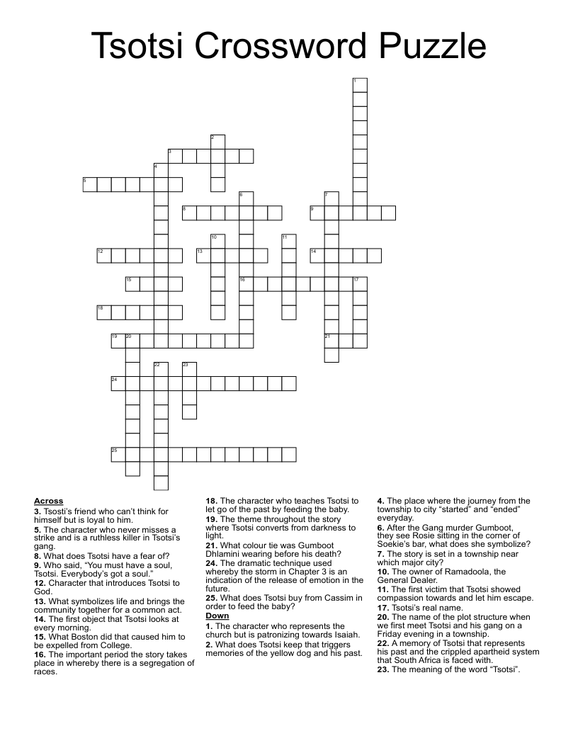 Tsotsi Crossword Puzzle
