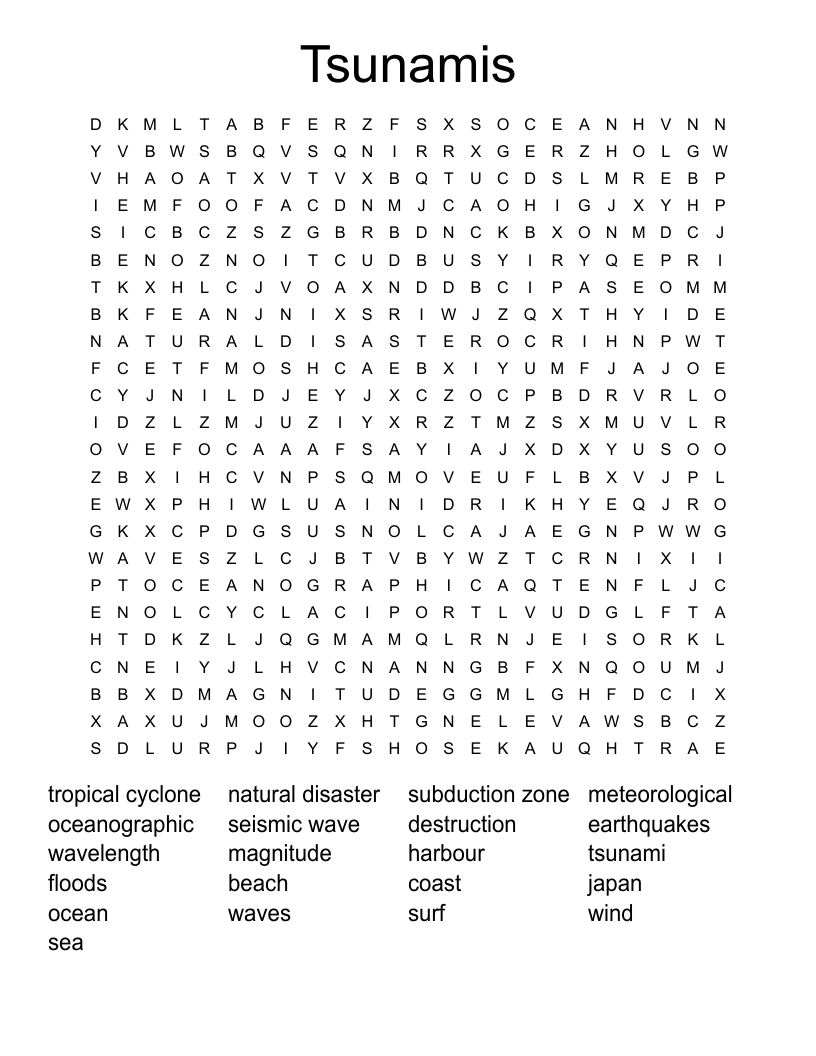 Tsunamis Word Search