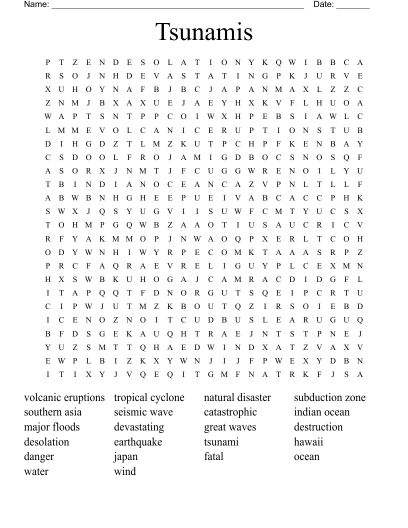 Tsunamis Word Search
