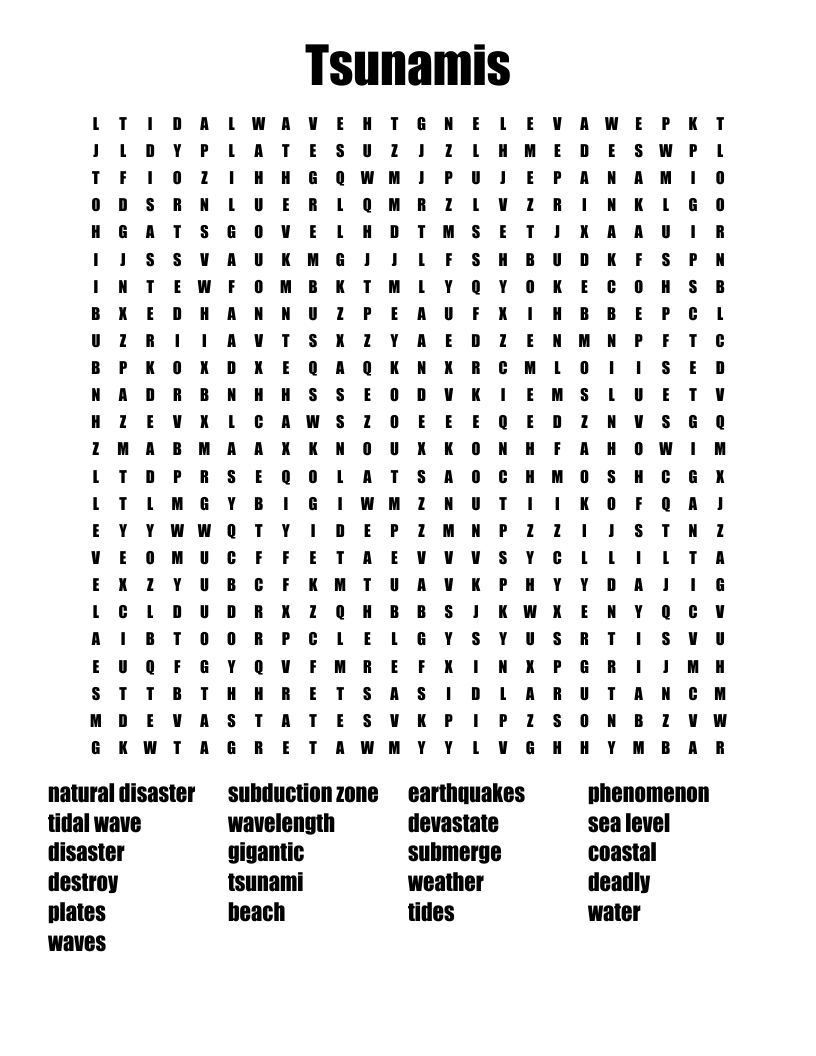 Tsunamis Word Search