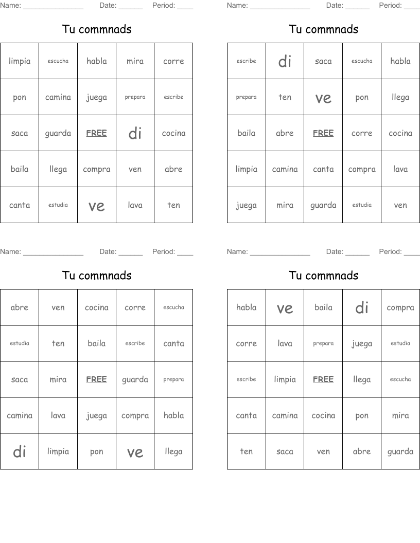 Tu commnads Bingo Cards