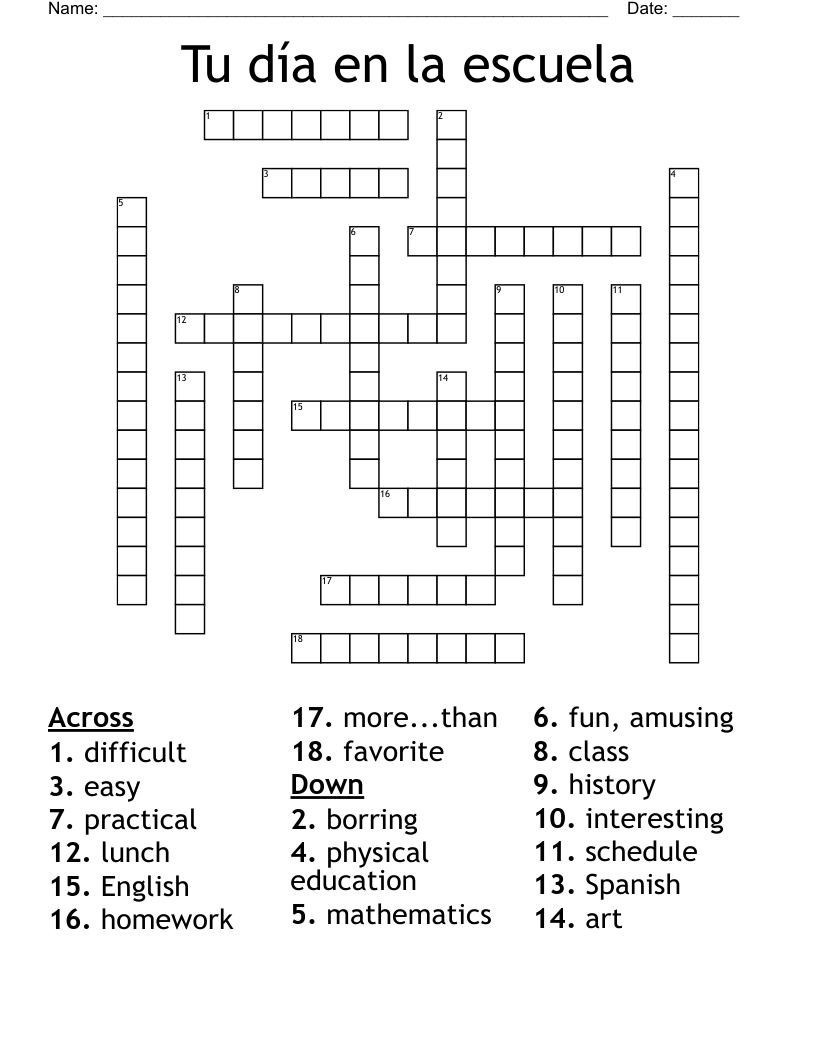 Tu día en la escuela Crossword