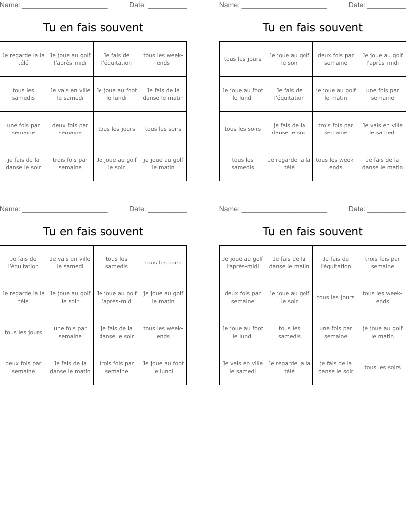 Tu en fais souvent Bingo Cards