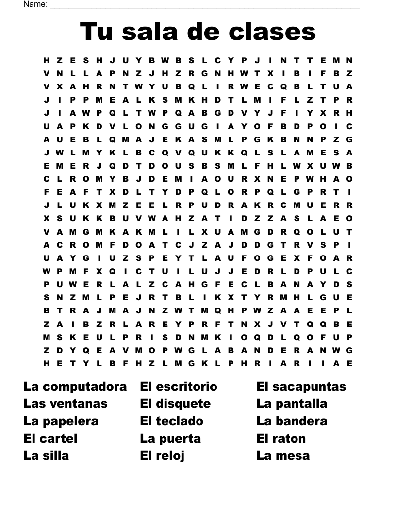 Tu sala de clases Word Search