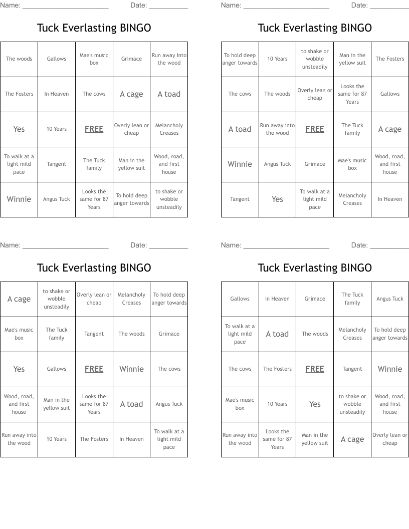 Tuck Everlasting BINGO