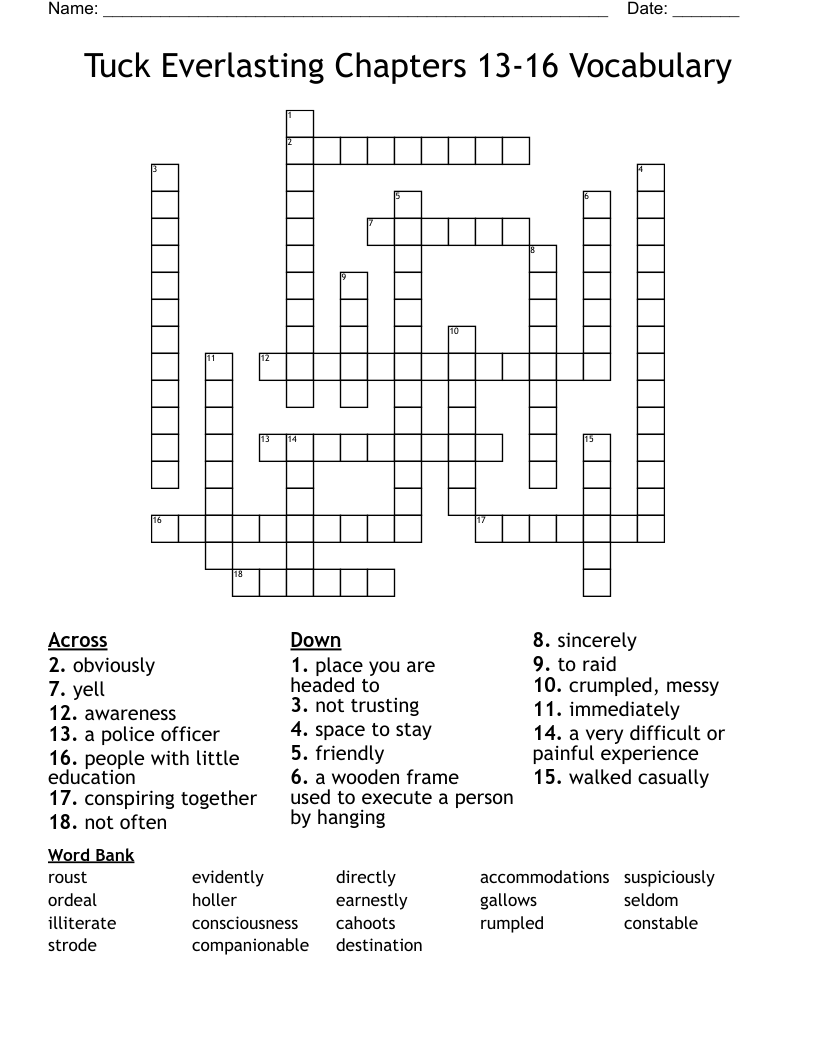 Tuck Everlasting Chapters 13-16 Vocabulary Crossword