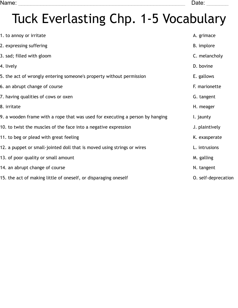 Tuck Everlasting Chp. 1-5 Vocabulary Worksheet