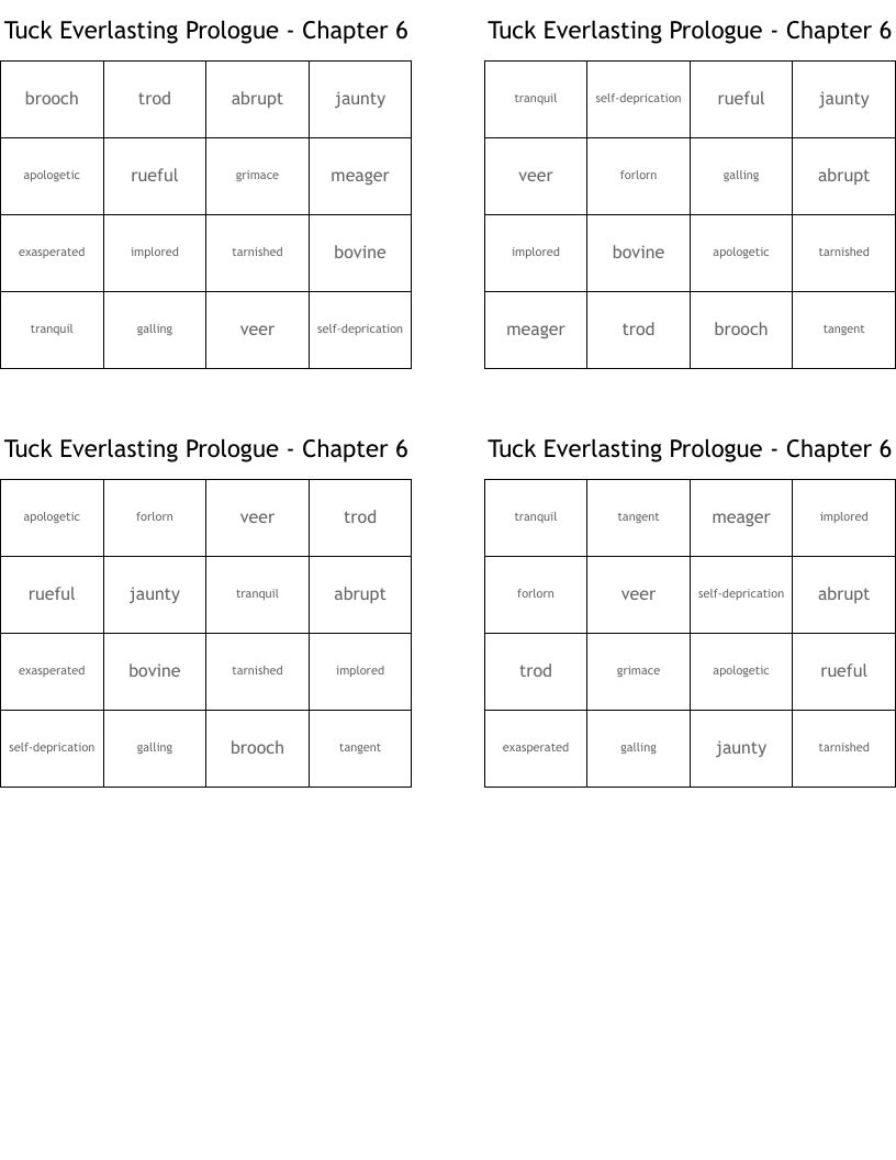 Tuck Everlasting Prologue - Chapter 6 Bingo Cards