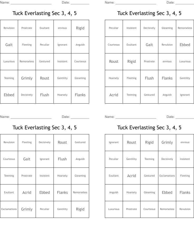 Tuck Everlasting Sec 3, 4, 5 Bingo Cards
