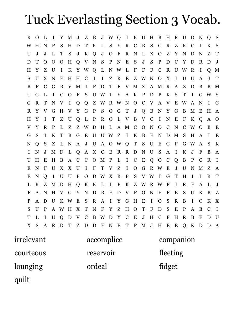 Tuck Everlasting Section 3 Vocab. Word Search